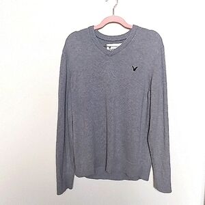 American Eagle Men's Gray Cotton V Neck Long Sleeve Sweater Size Large